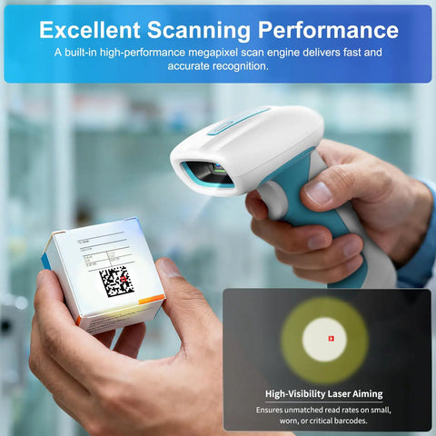Beast Mode Industrial Barcode Scanner With Wireless 2D QR Capture And IP67 Waterproof Defense held up to scan a QR code on a package.