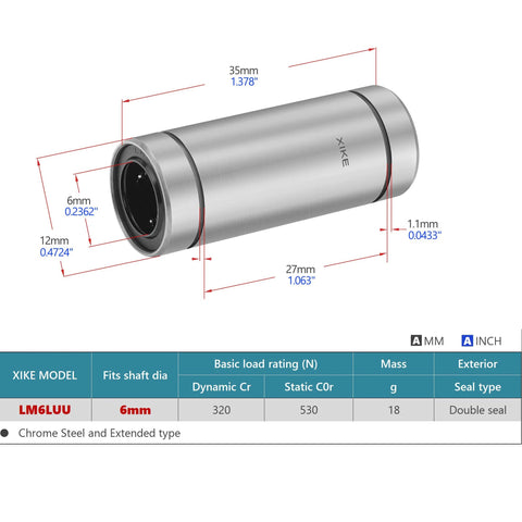 Two XIKE LM6LUU sealed linear ball bearings, 6x12x35mm, chrome steel, double seal, fits 6mm shaft for DIY/3D printer/CNC