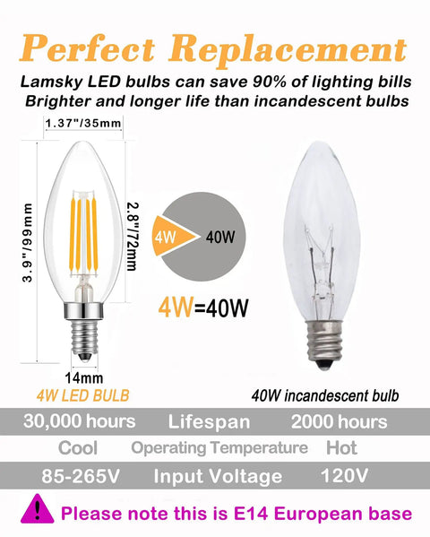 LED Filament E14 Candle Light Bulb 2700K Warm White, 400 Lumens, comparison with incandescent bulb, E14 European base.