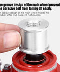 Close-up of Rock Solid Angle Grinder To Belt Sander Adapter Clamps showing groove design for secure belt attachment.