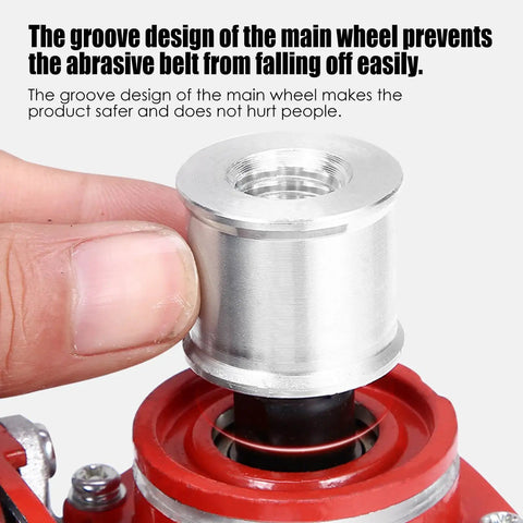 Close-up of Rock Solid Angle Grinder To Belt Sander Adapter Clamps showing groove design for secure belt attachment.