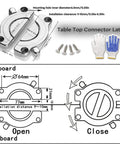 Say Bye To The Wiggle Heavy Duty Zinc Alloy Table Top Connectors With Secure Latch and Rock Solid Board Locking Hardware for Bulletproof DIY Furniture and Sturdy Desk Setup Includes Screws, showcasing dimensions and installation details.