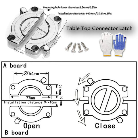 Say Bye To The Wiggle Heavy Duty Zinc Alloy Table Top Connectors With Secure Latch and Rock Solid Board Locking Hardware for Bulletproof DIY Furniture and Sturdy Desk Setup Includes Screws, showcasing dimensions and installation details.