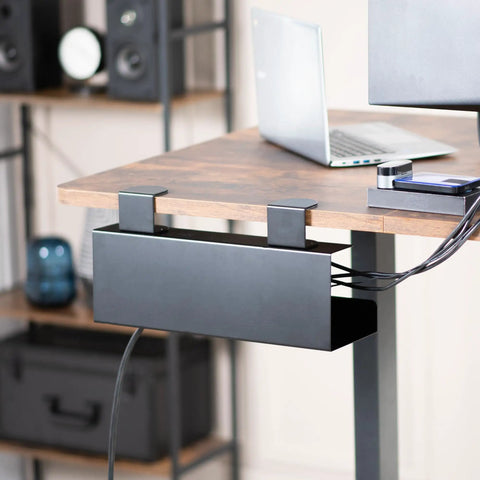 No Drill Clamp On 17 Inch Power Strip Tray for under-desk cable management, heavy-duty steel, black, installed on wooden desk