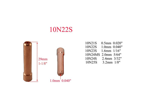Stubby Gas Lens And Collet Bodies Kit For 17 And 26 Series TIG Torches with collet size 10N22S, 29mm length, 1.0mm diameter