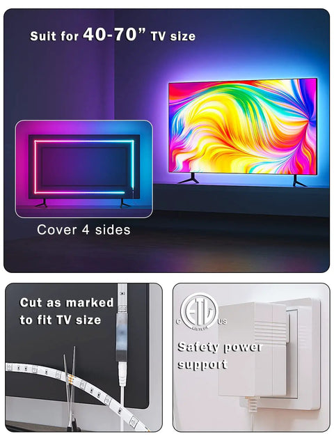 LED Backlight Kit for 40 to 75 Inch TVs With Power Supply and Remote; RGB color glow and safety power support