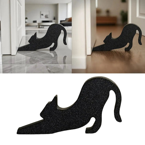 Black Eco Friendly Door Stopper With Soft Impact Absorbing Block shaped like a cat, used to hold a door open on hardwood floor.