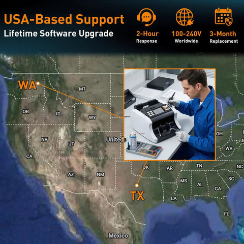 Technician using Mixed Denomination Money Counter Machine For Small Biz And Retail, map with customer support locations
