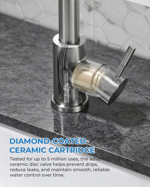 Top Shelf Stainless Steel Kitchen Faucet With Slick Pull Down Sprayer And Cold Forward Handle For Lead Free Safety And No Sweat Daily Sink Chores Plus Easy DIY Setup showing diamond-coated ceramic cartridge detail.