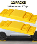 Top Shelf RV Leveling Blocks 12 Pack Stackable Jack Pads With Interlocking Grip and Durable Carry Case shown on vehicle