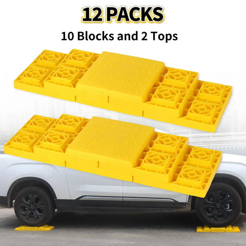 Top Shelf RV Leveling Blocks 12 Pack Stackable Jack Pads With Interlocking Grip and Durable Carry Case shown on vehicle