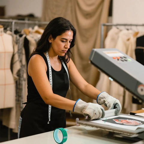 Person using heat transfer tape for sublimation with a heat press machine in a clothing workshop.