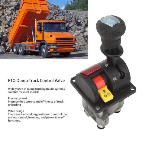 Proportional PTO Valve Switch For Dump Truck Hydraulic System with orange truck in construction site background.