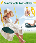 Child on swing seat, highlighting chain protection and EVA material, part of Heavy Duty 440lbs Capacity Backyard Swing Set With 2 Seats, Saucer And Belt Swings, Rugged A-Frame Metal Stand For Kids And Family Fun, Weatherproof Outdoor Play Equipment For Backyard Adventures.