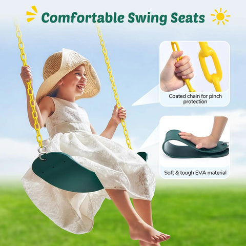 Child on swing seat, highlighting chain protection and EVA material, part of Heavy Duty 440lbs Capacity Backyard Swing Set With 2 Seats, Saucer And Belt Swings, Rugged A-Frame Metal Stand For Kids And Family Fun, Weatherproof Outdoor Play Equipment For Backyard Adventures.