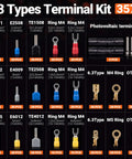 Image showing terminal types in the Crimping Tool Kit With Six Interchangeable Jaws Quick Change Ratchet Crimper With Pressure Knob Adjustment 361 Terminals Ergonomic Handles And Storage Case MC4 Solar Electric Crimping Tool For Automotive And Home Wiring.