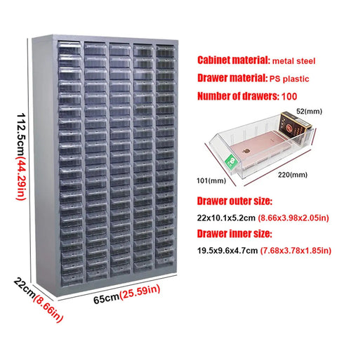 Bolt And Nut Storage Cabinet For Garage With 100 Plastic Small Drawers, Heavy Duty Cold Rolled Steel Metal Parts Organizer with clear drawers.