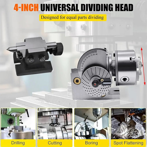 Built Like A Tank Cast Iron Dividing And Indexing Head With 3 Jaw Universal Chuck For Vertical And Horizontal Milling Machines Includes Shop Ready Tailstock And Precise Dividing Plates For Rigged Up Cnc Operations, featuring 4-inch design and precision metrics.