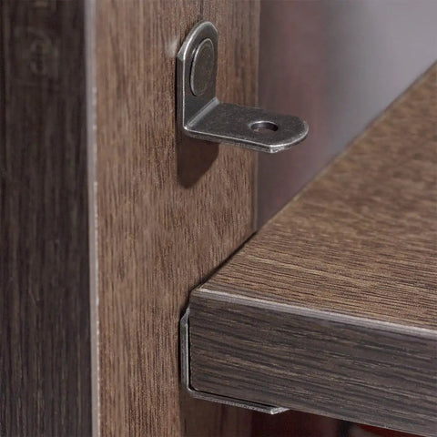 Gun Metal Color L Shaped Shelf Pins One Quarter Inch Diameter For Kitchen Cabinets Closets And Bookcases Twenty Pack Heavy Duty All Metal Durable Shelf Support Pegs Built To Last And Anti Corrosion with an L-shaped design shown supporting a shelf in a cabinet.