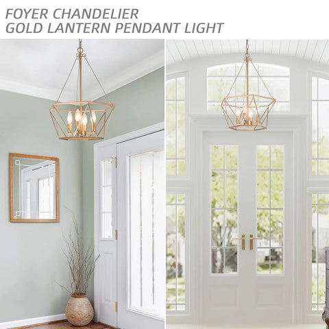 Dope Gold Lantern Chandelier Pendant Light Fixture For Dining Room And Kitchen Island With Protective Cage 4 Light Modern Ceiling Lamp Foyer And Entryway Decor Diameter 15.5 Inches in foyer setting