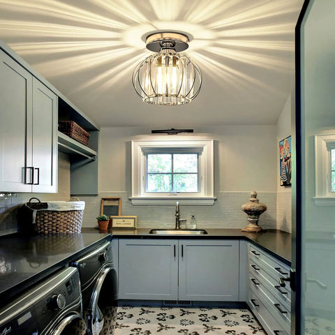 Sleek Modern Semi Flush Mount Ceiling Light Fixture With E26 Base Cool Crystal Mini Chandelier in kitchen setting