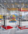 Heavy Duty Manual Hydraulic Pedal Driven Stacker Lift Truck With Robust Forks For 800 Lbs Warehouse Pallet Moving And Stacking Jobs displayed at 150CM height.