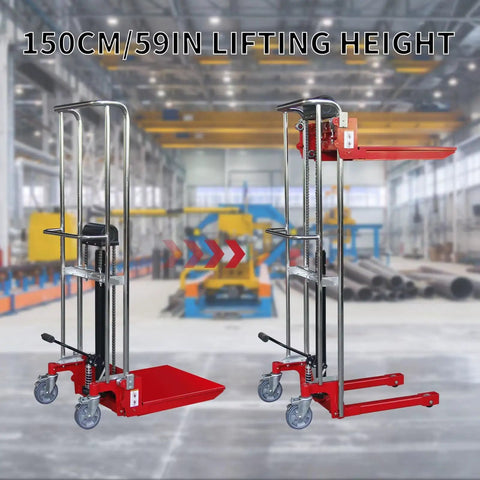 Heavy Duty Manual Hydraulic Pedal Driven Stacker Lift Truck With Robust Forks For 800 Lbs Warehouse Pallet Moving And Stacking Jobs displayed at 150CM height.