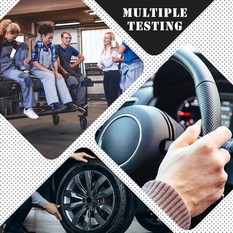 TPZZ 2-set 5-lug trailer hub kit collage: workshop crew, steering wheel, and vehicle wheel and tire.