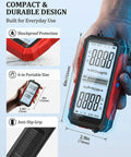 Person holding Go To 6000 Counts Digital Multimeter with large color screen, dimensions and features displayed on image.