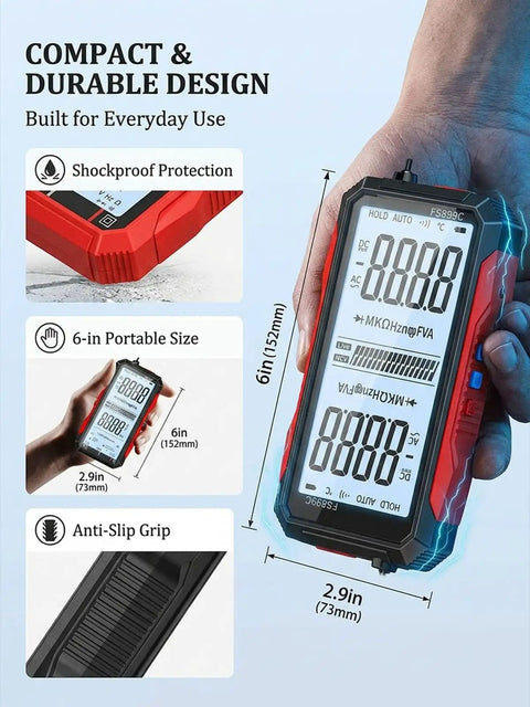 Person holding Go To 6000 Counts Digital Multimeter with large color screen, dimensions and features displayed on image.