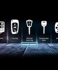 Image showing various types of key remotes including flip key, remote head key, transponder keys, and shells for automotive use.