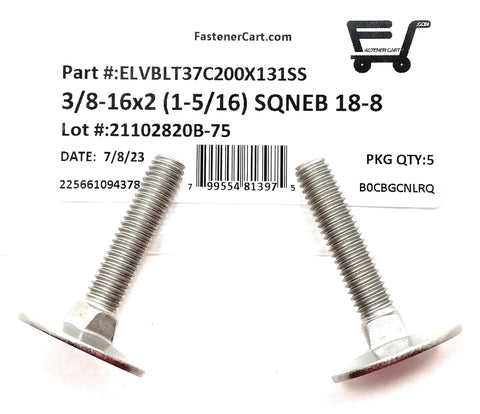 Five Pack 3/8-16 X 2 Inch 18-8 Stainless Steel Elevator Bolts with square neck and large head for heavy-duty use.