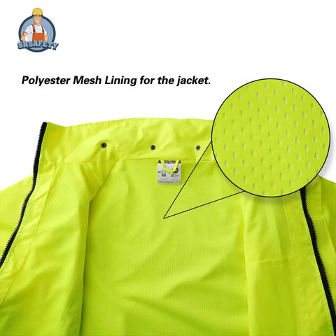 High Visibility Yellow Rain Gear For Men, ANSI Class 3 Reflective Rain Coat, showing mesh lining detail