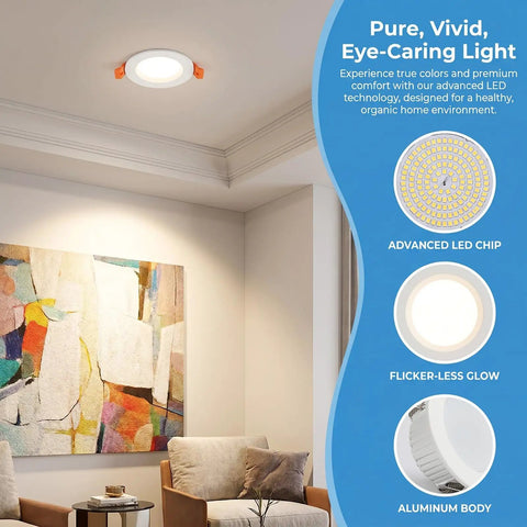 Ultra-Thin 2in Recessed Lighting Kit Panel Lights For Ceiling Installation in a cozy living room with modern artwork.