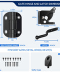 Diagram of self-closing gate hinges with latch, dimensions included, showing durable galvanized steel outdoor hardware kit.