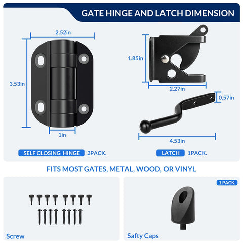 Diagram of self-closing gate hinges with latch, dimensions included, showing durable galvanized steel outdoor hardware kit.