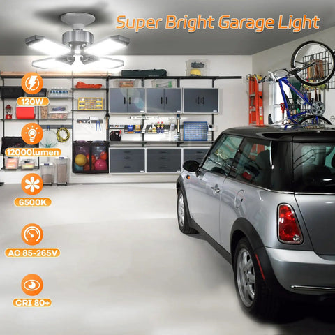 Hella Bright 120W LED Garage Light With Four In One Deformable Panels 12000LM 6500K Daylight E26 E27 installed in garage