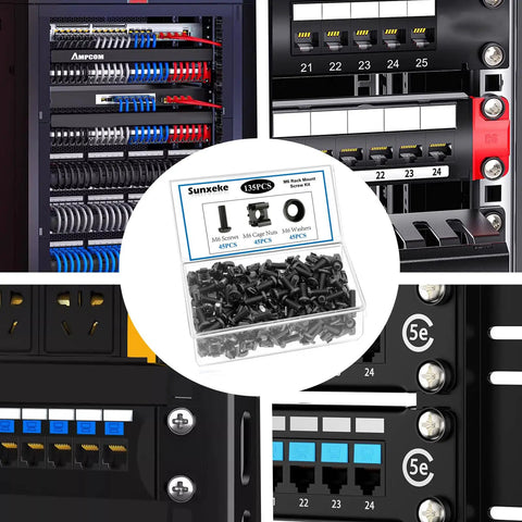M6 Rack Mount Screws Kit 45 Pack With Cage Nuts And Washers For Server Racks Cabinets Routers And Network Gear Designed For Square Hole Racks And Easy Install shown in a case and installed in racks