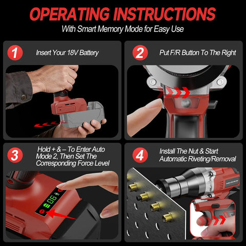 Operating instructions for Cordless Rivet Nut Gun for Milwaukee 18V Battery with step-by-step visuals.