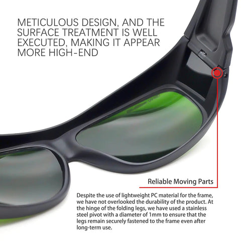 Close-up of Eye Safety Goggles For IPL And Laser Sessions With OD Five Plus Protection, showing green lenses and durable design.