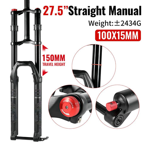 Beefy Dual Crown MTB Air Fork For Downhill And Trail Riding 150mm Travel Fits 27.5 Or 29 Inch Wheels With 2.5 Inch Tires