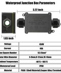 Two Pack IP68 Waterproof Outdoor Junction Box with dimensions and technical specifications.
