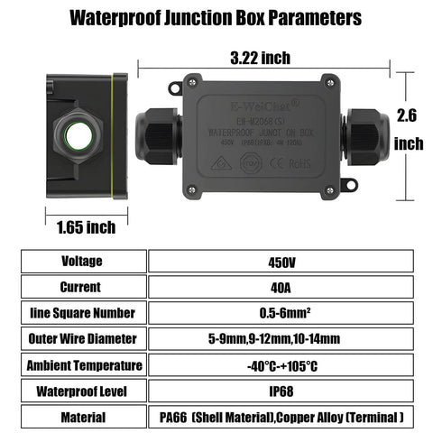 Two Pack IP68 Waterproof Outdoor Junction Box with dimensions and technical specifications.