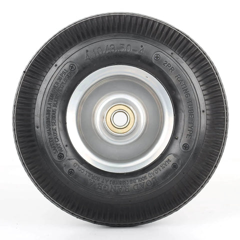 Front view of Two Pack 10 Inch Pneumatic Tire And Wheel Set For Hand Trucks And Garden Carts 4.10/3.50-4 With 2.25 Inch Offset Hub And 5/8 Inch Axle Bore Sealed Bearings Replacement Wheel Kit For Dolly Wagon And Utility Cart
