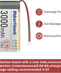 Beefy 3.7V 3000mAh LiPo Battery 1S With Protection Board Micro JST 1.25 Plug For Arduino ESP32 Development Board Two Pack Includes Insulated Rubber Tape 103665 Size showing overcharge, discharge, and short circuit protections.