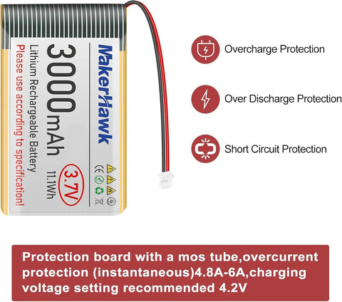 Beefy 3.7V 3000mAh LiPo Battery 1S With Protection Board Micro JST 1.25 Plug For Arduino ESP32 Development Board Two Pack Includes Insulated Rubber Tape 103665 Size showing overcharge, discharge, and short circuit protections.