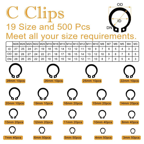 Heavy Duty C And E Clip Assortment Kit With 1000 Pieces, C clip selection chart from M3 to M28, black carbon steel.