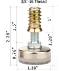 Heavy Duty Adjustable Leveling Feet With Three Eighth Inch Sixteen Thread Pitch And Felt Pads Ironclad Steel Base Supports Heavy Load Eight Pack, 3/8-16 thread, dimensions labeled.