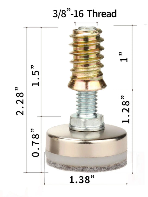 Heavy Duty Adjustable Leveling Feet With Three Eighth Inch Sixteen Thread Pitch And Felt Pads Ironclad Steel Base Supports Heavy Load Eight Pack, 3/8-16 thread, dimensions labeled.
