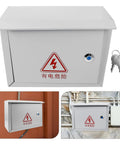 Front view of Weatherproof Metal Electrical Junction Box Outdoor Enclosure 300x400x160mm with red electrical hazard symbol and lock